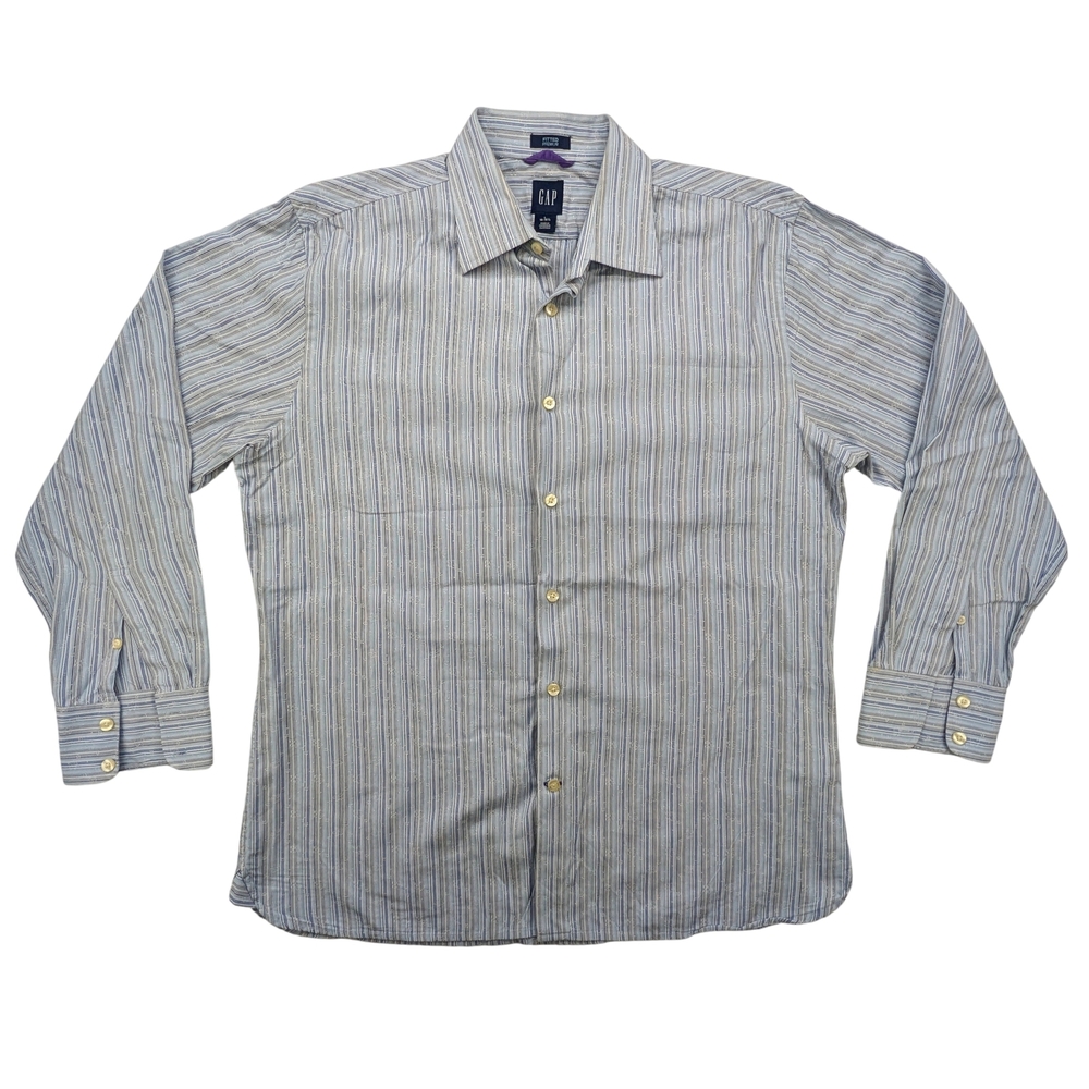 GAP Shirt Mens Large Fitted Premium 16-16.5 Blue Striped Button Down Classic